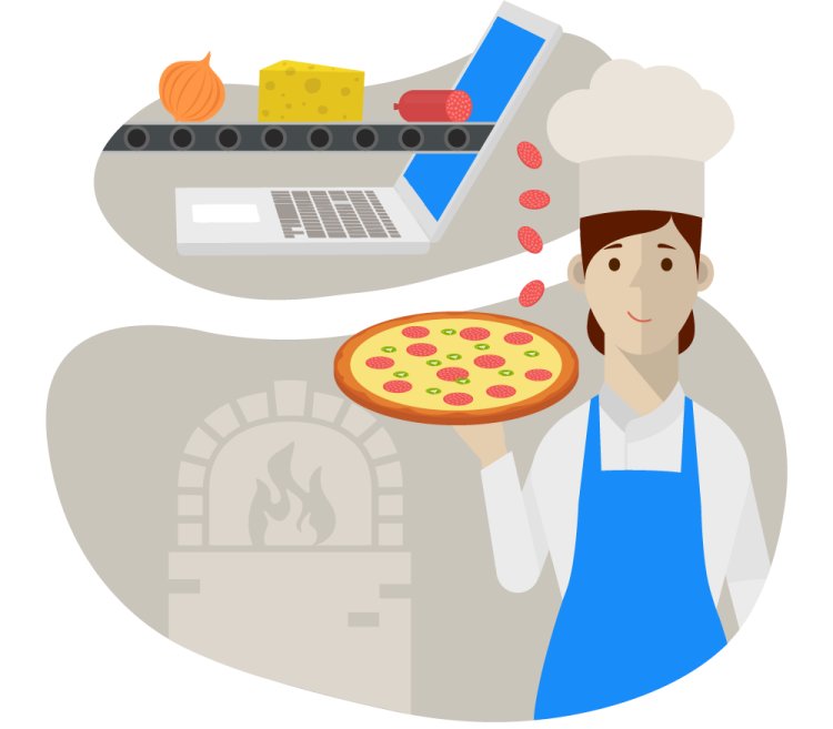 Illustrasjon av matvareprodukter som går gjennom en pc-skjerm og ut til en kokk som holder pizza. 